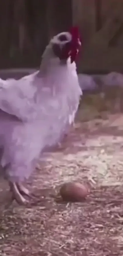 White chicken on a farm standing near an egg, set against a lavender hue background.