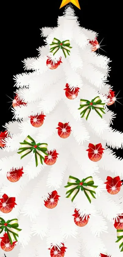 White Christmas tree with colorful ornaments on a black background.