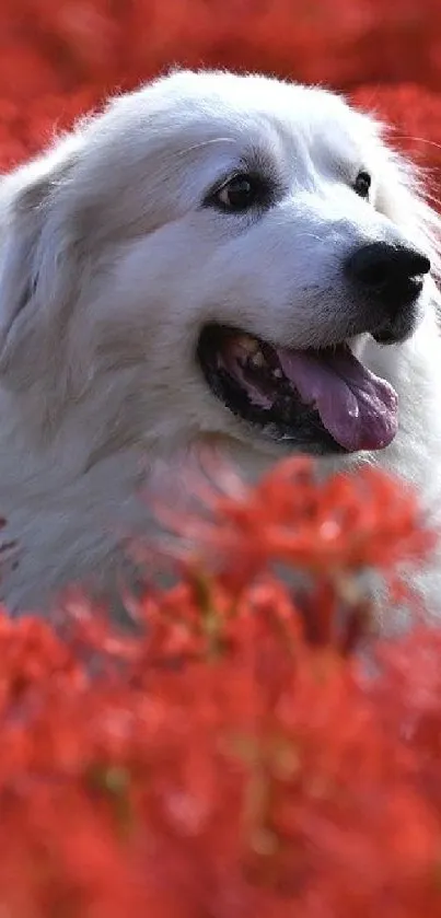 A white dog standing in a field of red flowers, surrounded by vibrant colors.