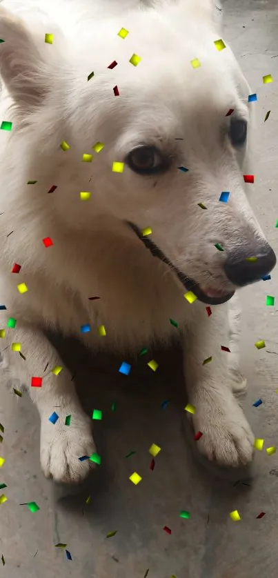 White dog with colorful confetti falling around.