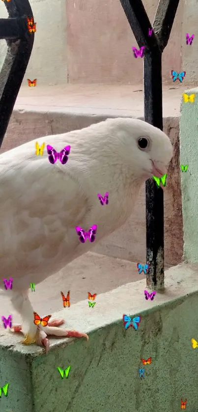 White dove perched on pastel green steps, creating a serene atmosphere.