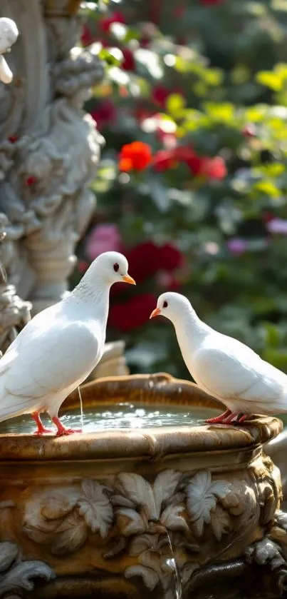 White doves perched on a garden fountain surrounded by lush vegetation.