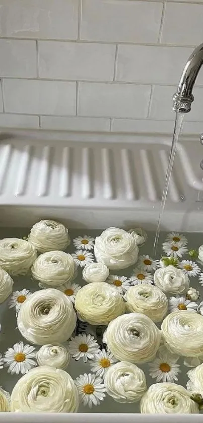 White roses and daisies floating in a sink filled with water.