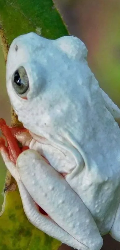 White frog with red feet sitting on green leaf.