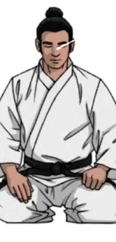 Anime-style character kneeling in white gi, meditative pose.