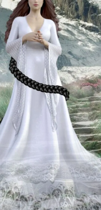 Woman in white gown with black sash in mountain setting.