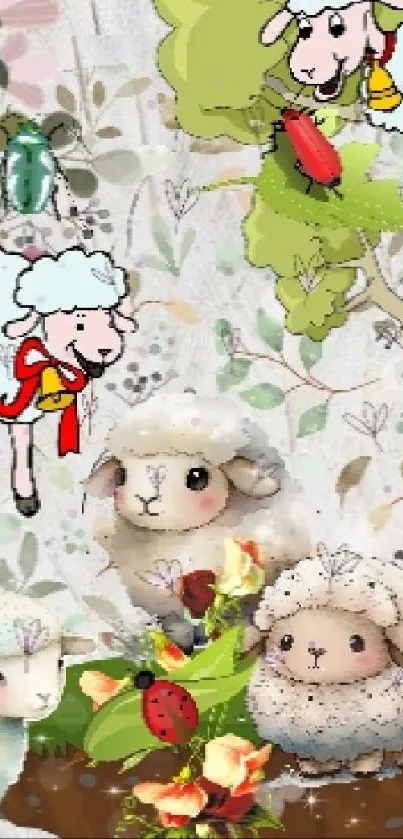 Adorable cartoon sheep with flowers and nature theme on mobile wallpaper.