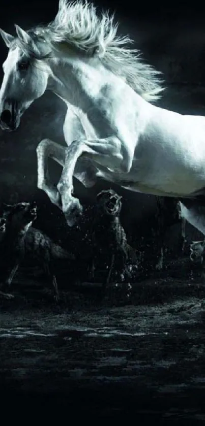 Majestic white horse running with wolves on a dark background.