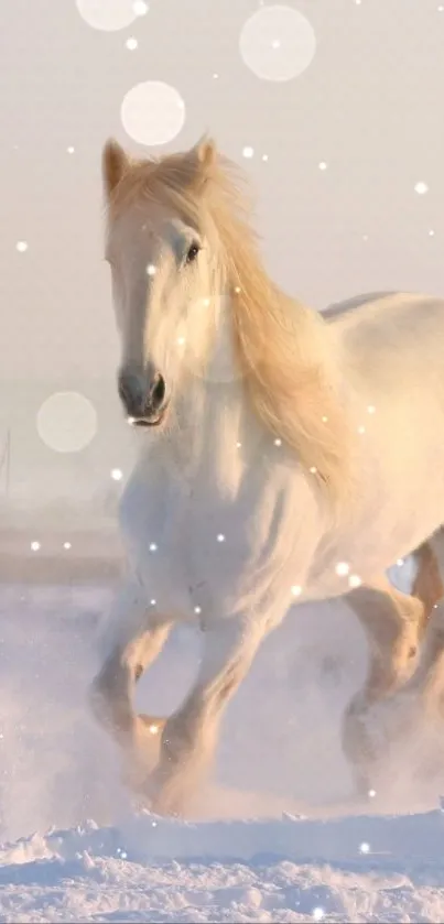 White horse galloping through snow under soft beige winter sky.