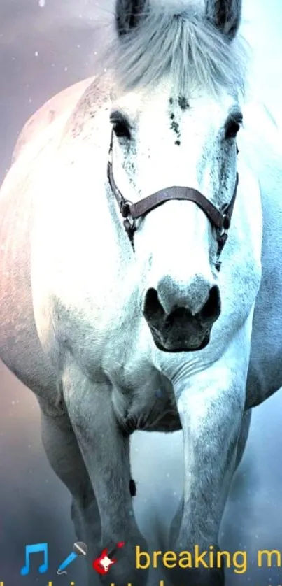 Mobile wallpaper of a white horse on a misty path with serene ambiance.