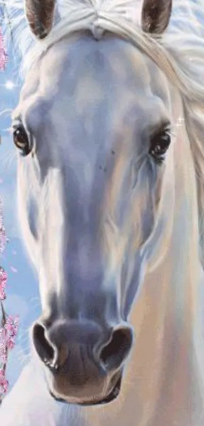 Elegant white horse with pink blossoms wallpaper.