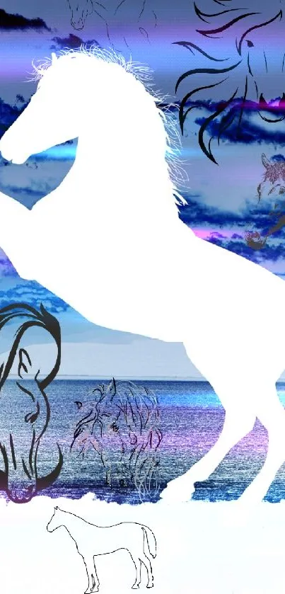 White horse silhouette against a sunset ocean backdrop on mobile wallpaper.