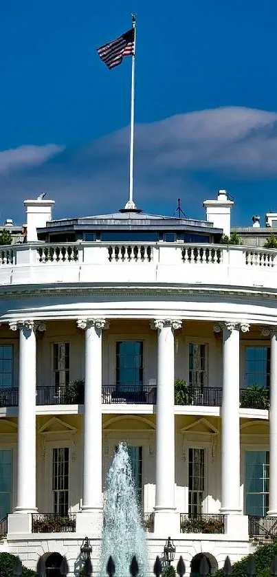 White House against blue sky and trees, featuring historic architecture.