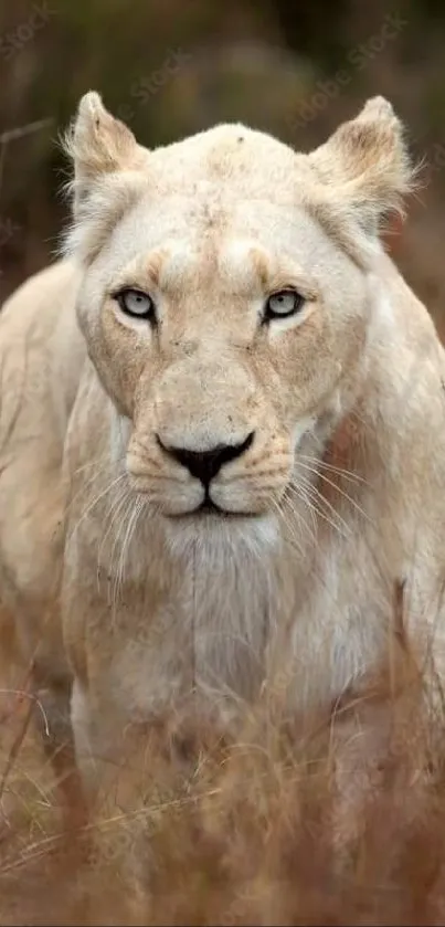 Majestic white lion in tall grass.