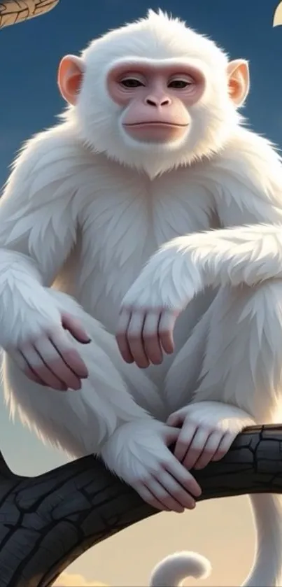 White monkey sitting on a tree branch with a blue sky background.