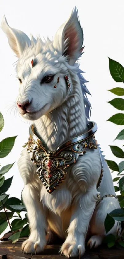 Mythical white creature with jewelry and leaves, mobile wallpaper.