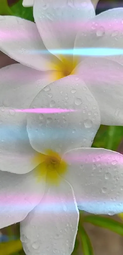 Close-up of white plumeria flowers with dew on petals.