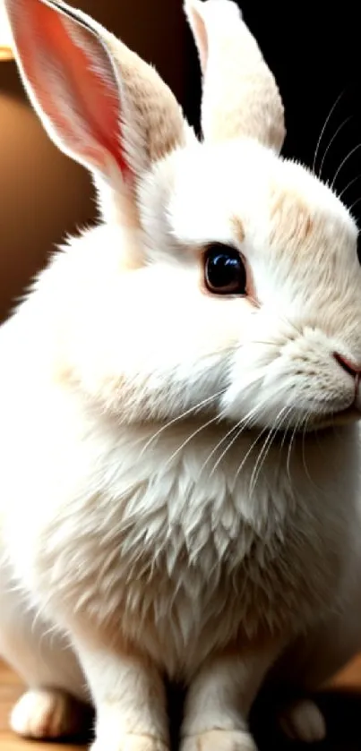 Cute white rabbit sitting with soft fur and warm background lighting.