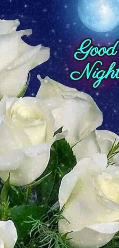 White roses under a starry sky with good night message.