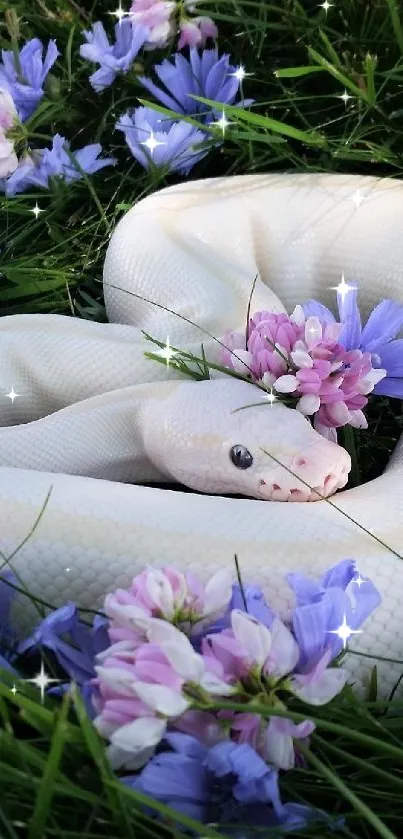 White snake coiled among purple wildflowers in lush green grass.