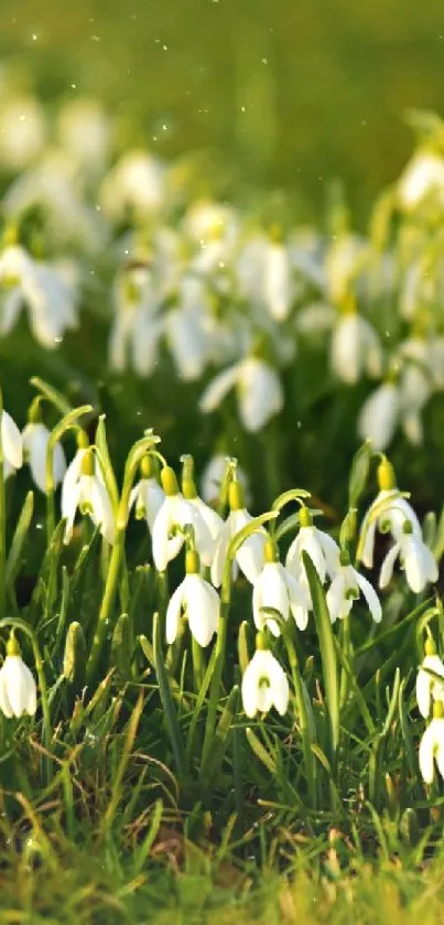 White snowdrops blossoming on green grass field.