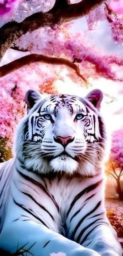 Majestic white tiger resting under pink cherry blossoms.