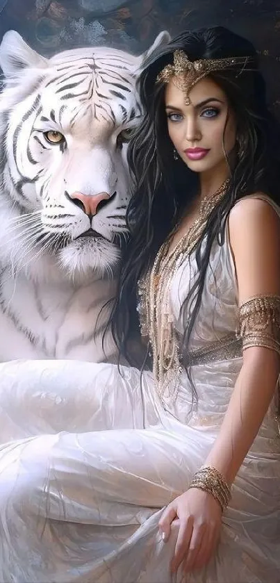 Mystical art of enchantress with white tiger.