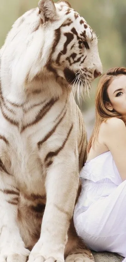 Majestic white tiger with a contemplative woman, perfect for nature enthusiasts.