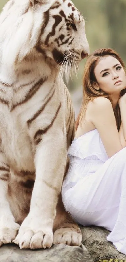 White tiger sitting with a woman in a serene setting.