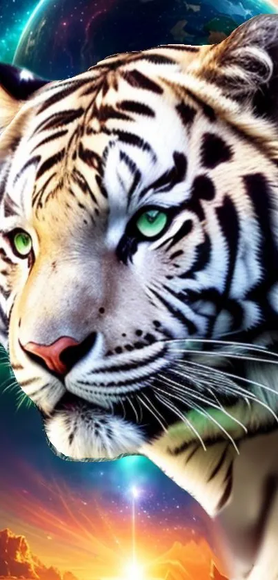 White tiger with green eyes on cosmic background wallpaper.