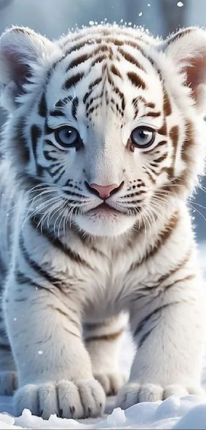 Cute white tiger cub in snow setting.