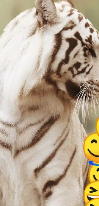 Majestic white tiger with playful emojis on a mobile wallpaper background.