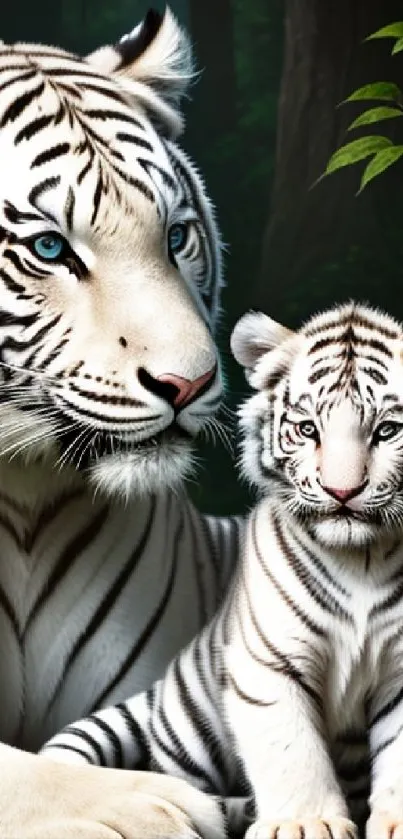 White tiger and cub in a lush forest setting with green leaves.