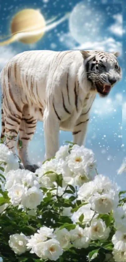 White tiger on white flowers with cosmic sky background.