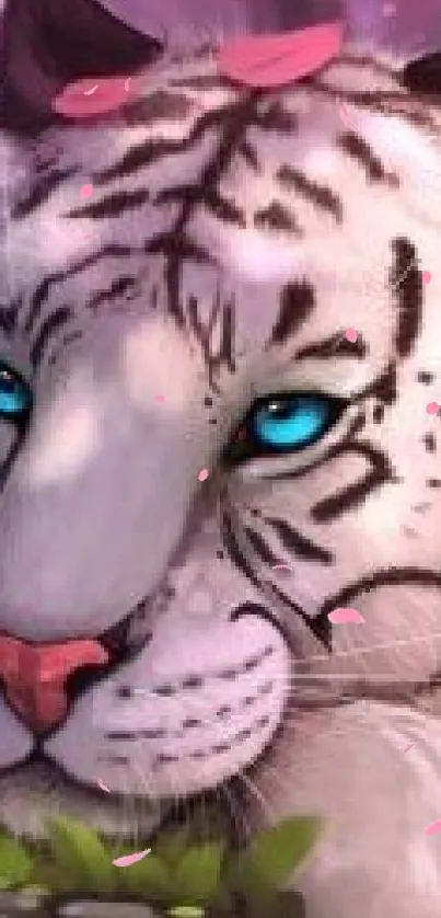 Fantasy wallpaper of a resting white tiger surrounded by pink petals.