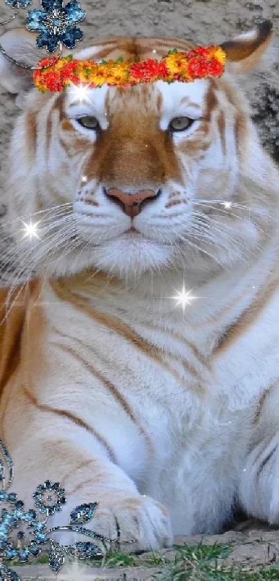 White tiger with floral headband mobile wallpaper.