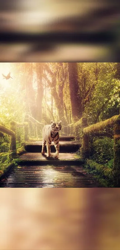 White tiger walking on a bridge in a lush, enchanted forest scene.