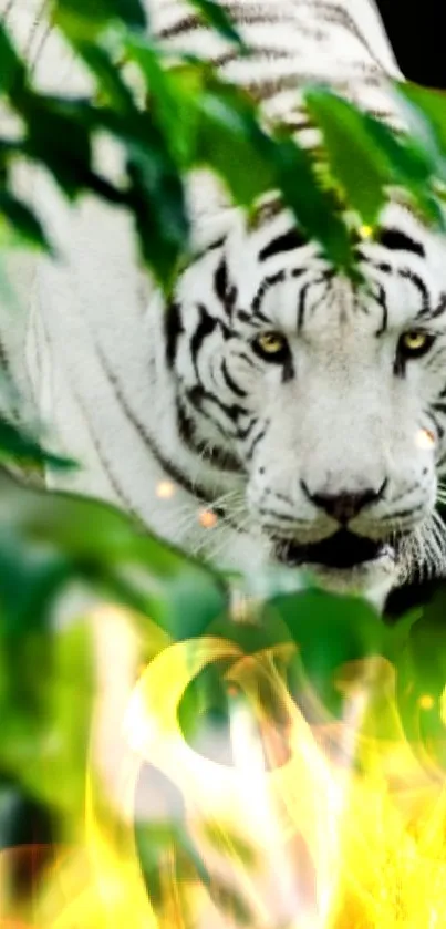 White tiger hidden in jungle with fiery foreground.