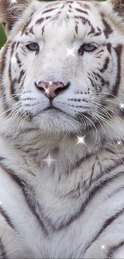 White tiger resting on green grass background.