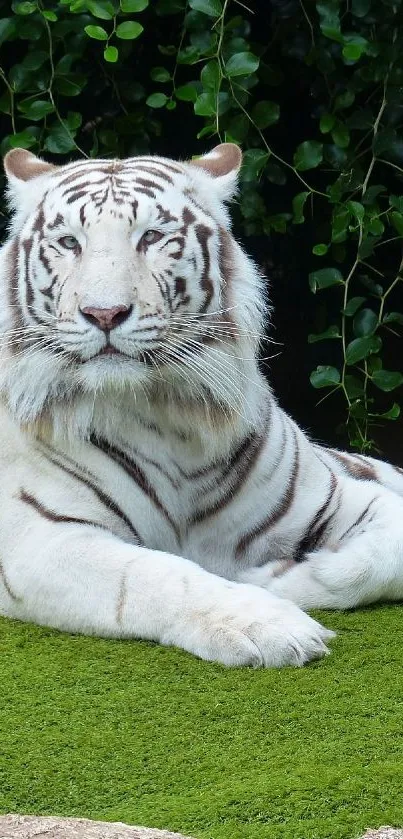 Majestic white tiger lying on lush green grass in a serene setting.