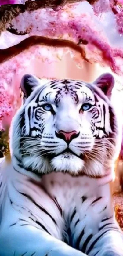 White tiger with pink cherry blossoms in magical scenery.