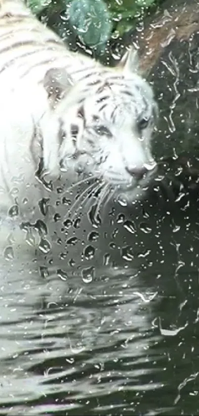 White tiger peering through a rain-soaked window.