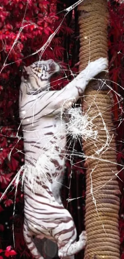 White tiger climbs tree in vibrant red jungle background.