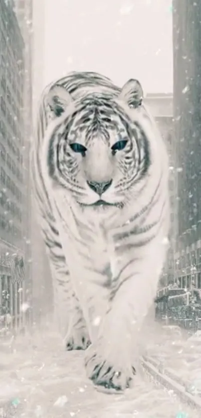 White tiger walking in snowy urban street wallpaper.