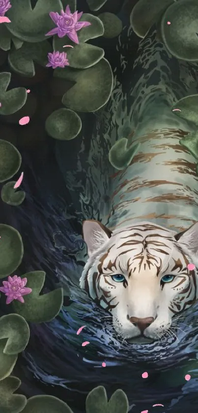 White tiger swimming among lily pads and flowers, digital art.