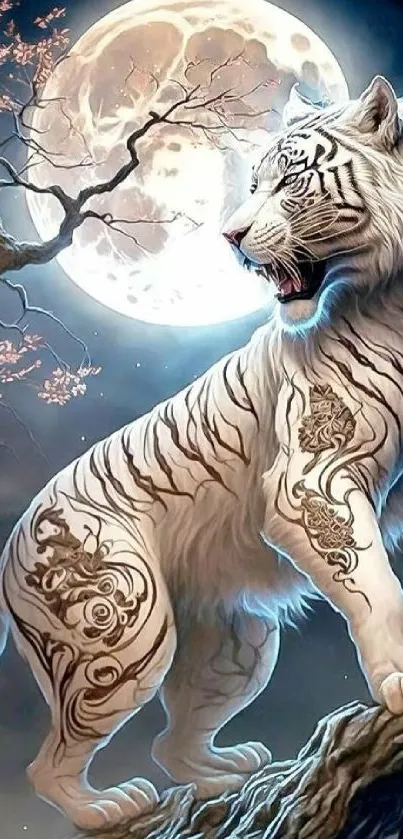 Majestic white tiger with tattoos under a full moon in mystical scene.