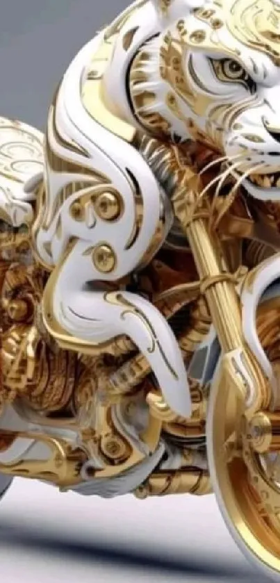 White and gold motorcycle shaped like a tiger, showcasing intricate design.