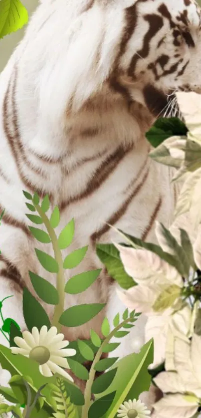 White tiger amidst lush green leaves and floral accents.