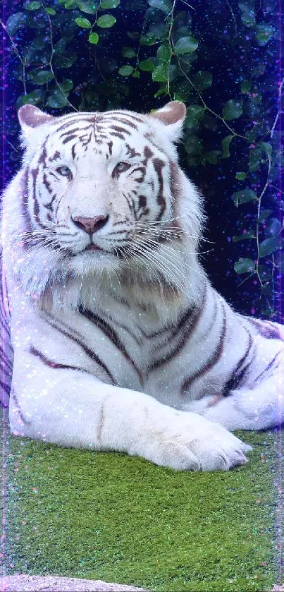 White tiger laying on green grass with leafy background.