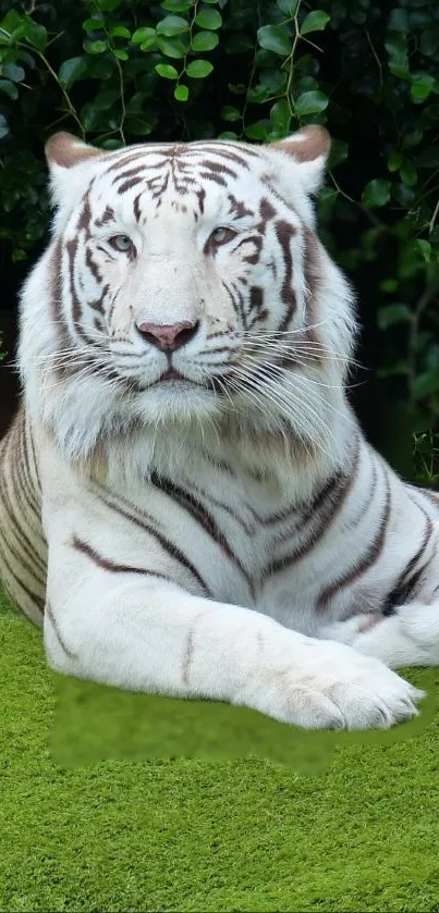 Majestic white tiger sitting on green grass in natural habitat.